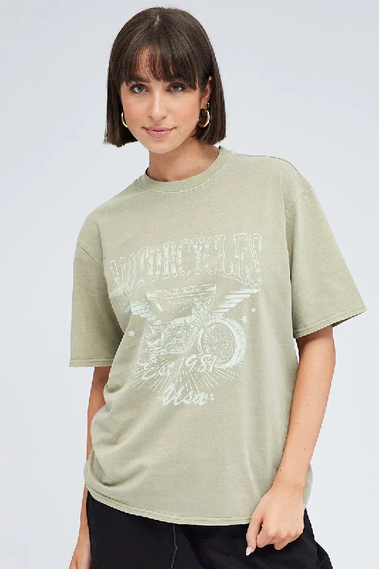 Green Graphic Tee Short Sleeve Round Neck