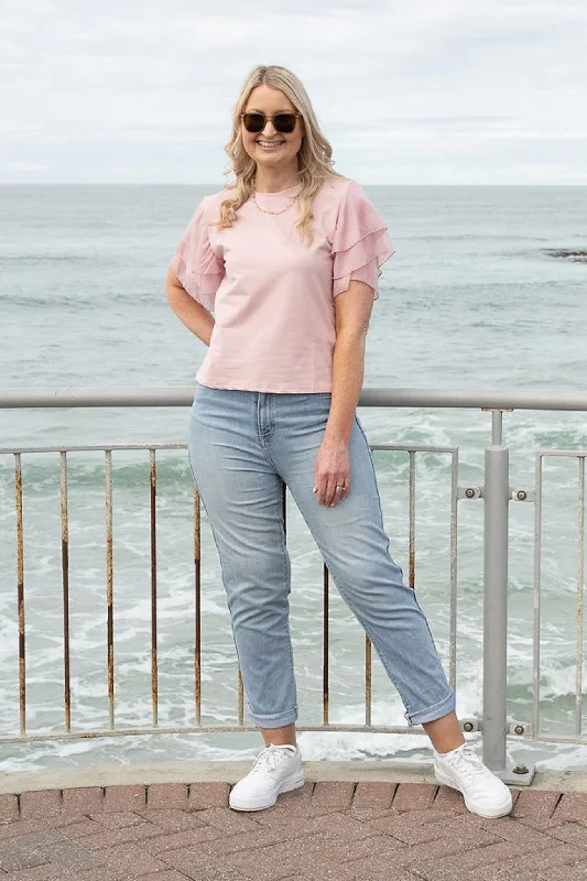 Pink - Tiered Chiffon Sleeve Tee