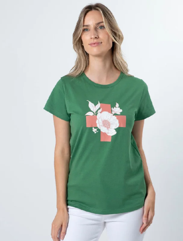 Stella + Gemma T-Shirt Vintage Green Floral With Cross