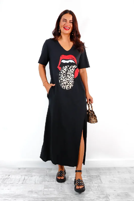 Tongue Tied - Black Leopard Print Graphic Midi T-Shirt Dress