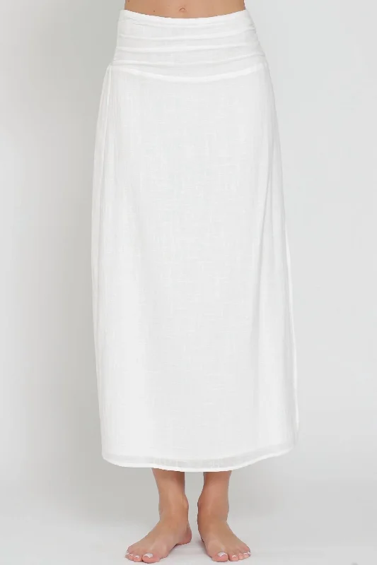 High Waisted Smocked Midi Skirt In White