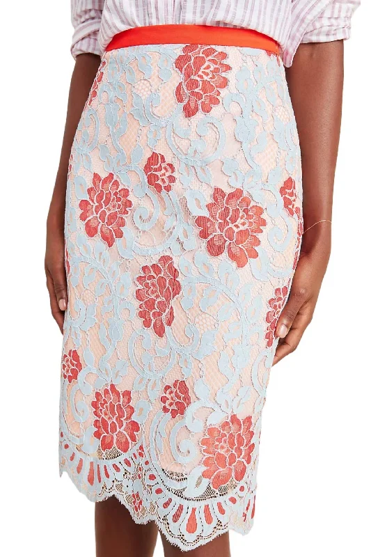 Pencil-Style Floral Skirt In Pale Blue/red