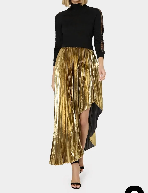 Shenandoah Asymmetrical Pleated Lame Skirt In Gold