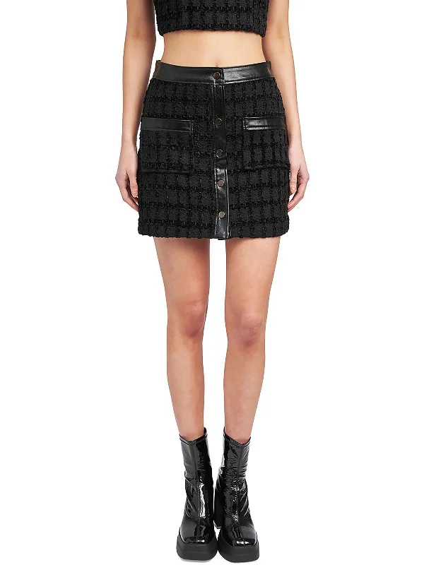 Womens Tweed Faux Leather Trim Mini Skirt