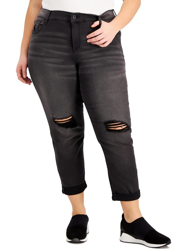 Plus Womens Mid Rise Destroyed Cropped Jeans