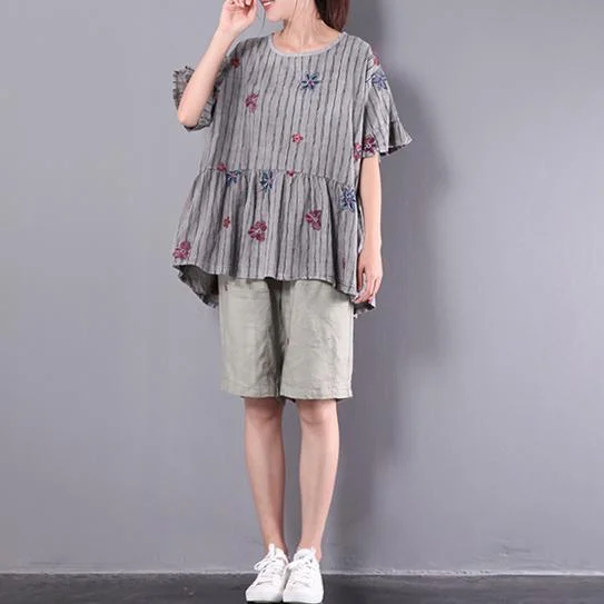 2017 gray floral linen blouse baggy loose short sleeve t shirt