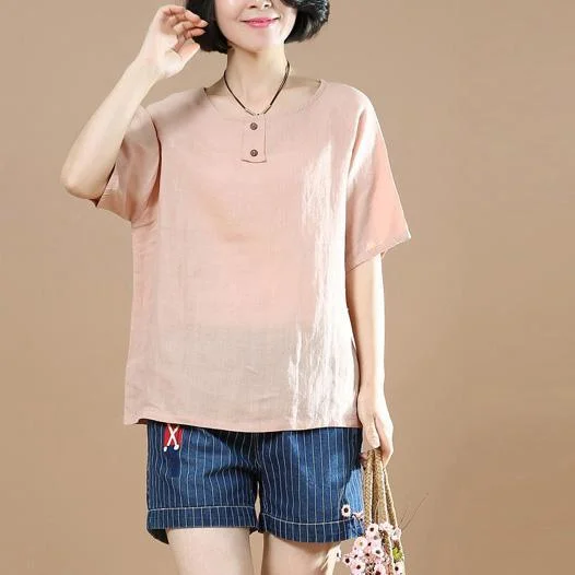 2018 brief fashion pink linen t shirt loose casual tops