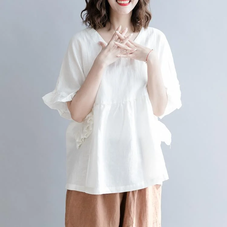 2018 white Midi cotton linen pullover casual cotton linen clothing tops women petal Sleeve v neck wrinkled cotton linen tops