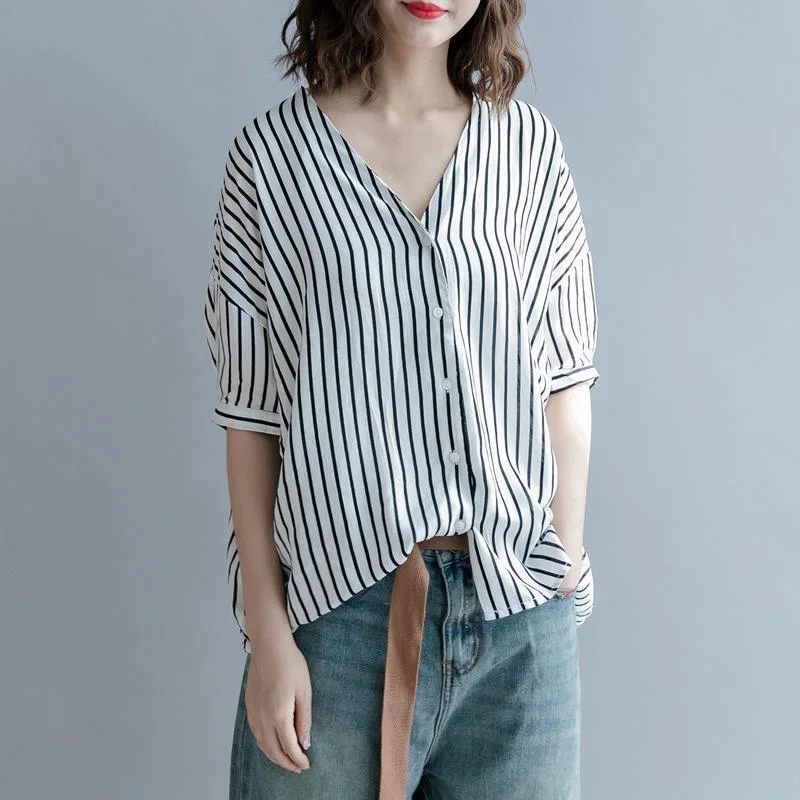 2018 white striped pure cotton blended tops oversized holiday tops Elegant Batwing Sleeve baggy v neck cotton blended tops