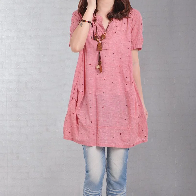 baggy pink Midi-length linen t shirt plussize shirts vintage wrinkled dotted linen blouses