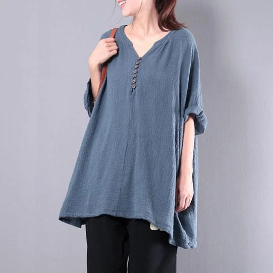 baggy summer blue loose linen tops V neck short sleeve t shirt