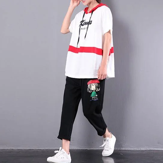 baggy white patchwork hooded tops plus size casual short sleeve t shirt