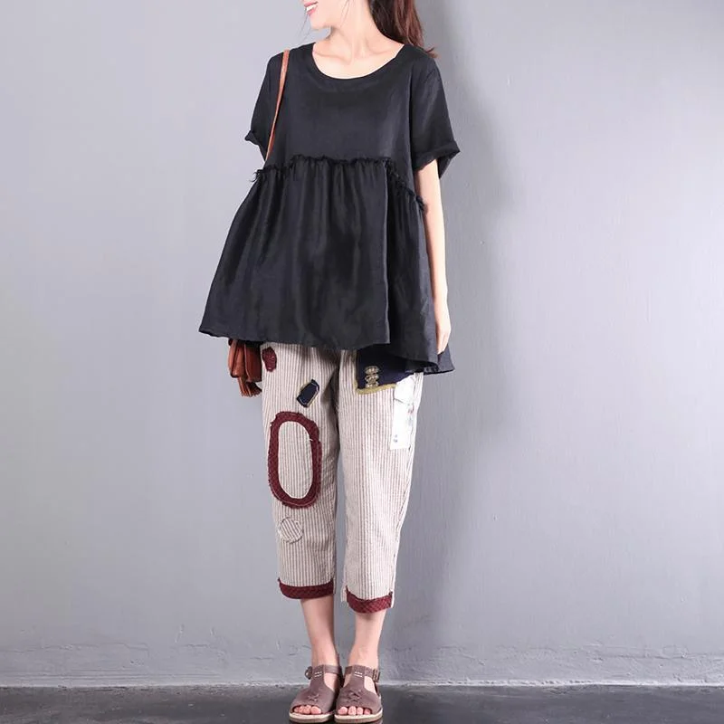 black patchwork  linen pullover plus size wrinkled tops short sleeve t shirt