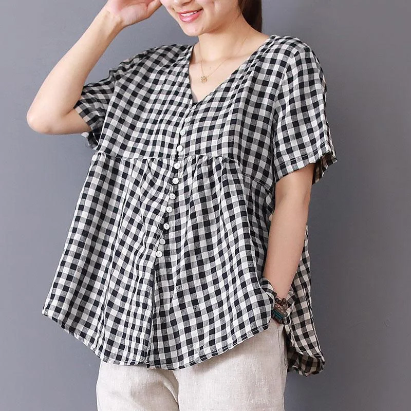 boutique cotton linen blouses trendy plus size Women Lattice Cotton Linen Short Sleeve V Neck Tops