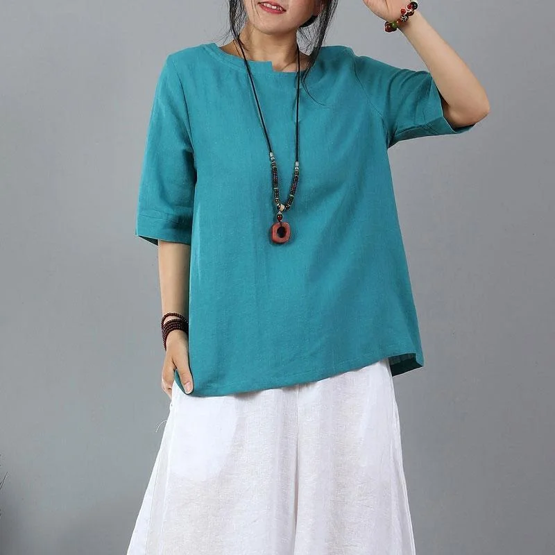 boutique linen blouse plus size Women Cotton Linen Short Sleeve Blue Pullover Tops