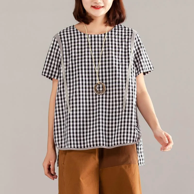 boutique natural cotton t shirt Loose fitting Women Gray Plaid Zipper Short Sleeve Summer Tops