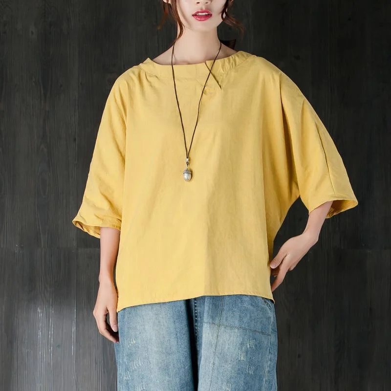 boutique natural cotton t shirt oversize  Loose Round Neck Shoulder Sleeve Yellow Tops