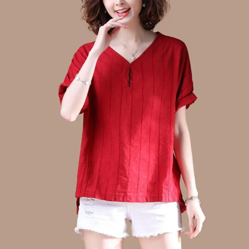 boutique natural linen t shirt Loose fitting V Neck Short Sleeve Stripe Summer Red T Shirt