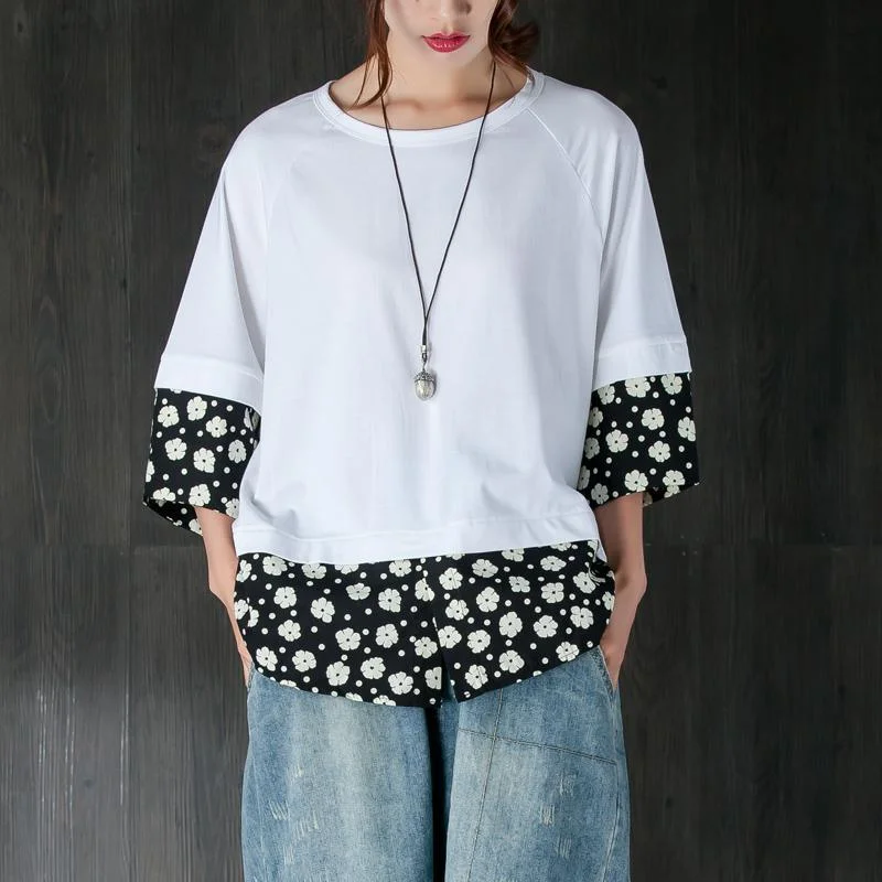 brief summer t shirt plus size Women Casual Summer Fake Two-piece Flower White Tops