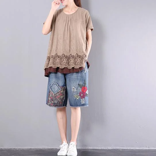 brown baggy loose cotton tops plus size lace patchwork t shirt