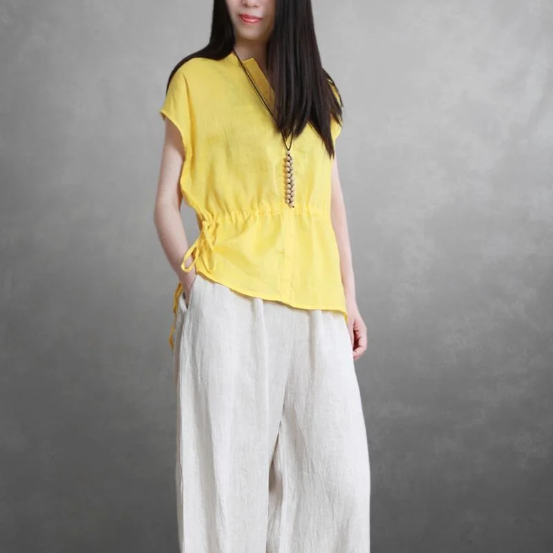 Chic v neck drawstring linen shirts women Work yellow summer tops