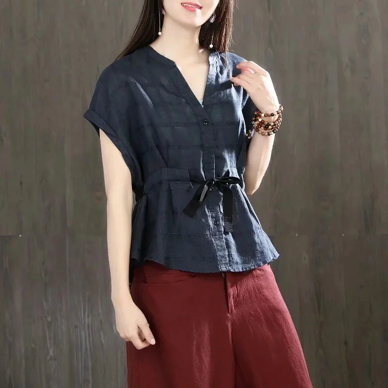 Classy v neck linen cotton Long Shirts navy box shirt summer