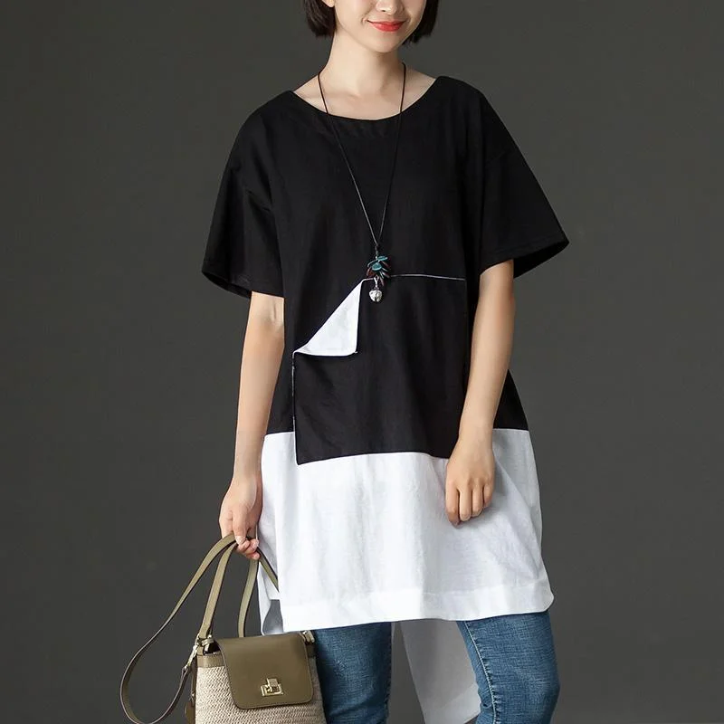 Elegant cotton blended blouse casual Black Casual Summer High-low Hem Short Sleeve Women Shirts