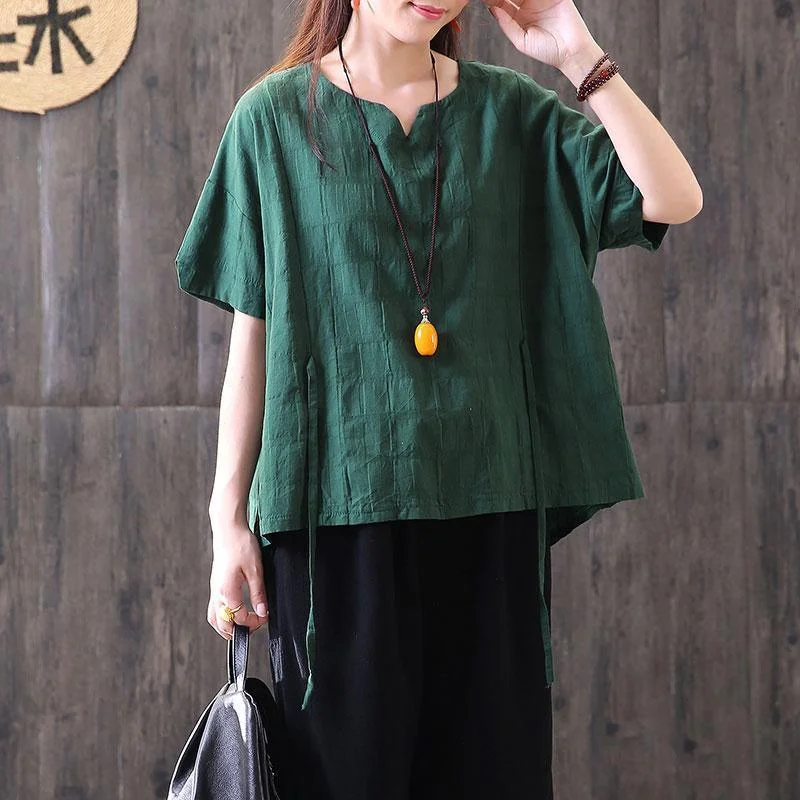 Elegant cotton blended summer top oversize Women Short Sleeve Plaid Loose Irregular Tops