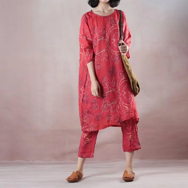 Elegant red linen print oversize o neck linen top quality half sleeve tops and elastic waist trouser two pieces