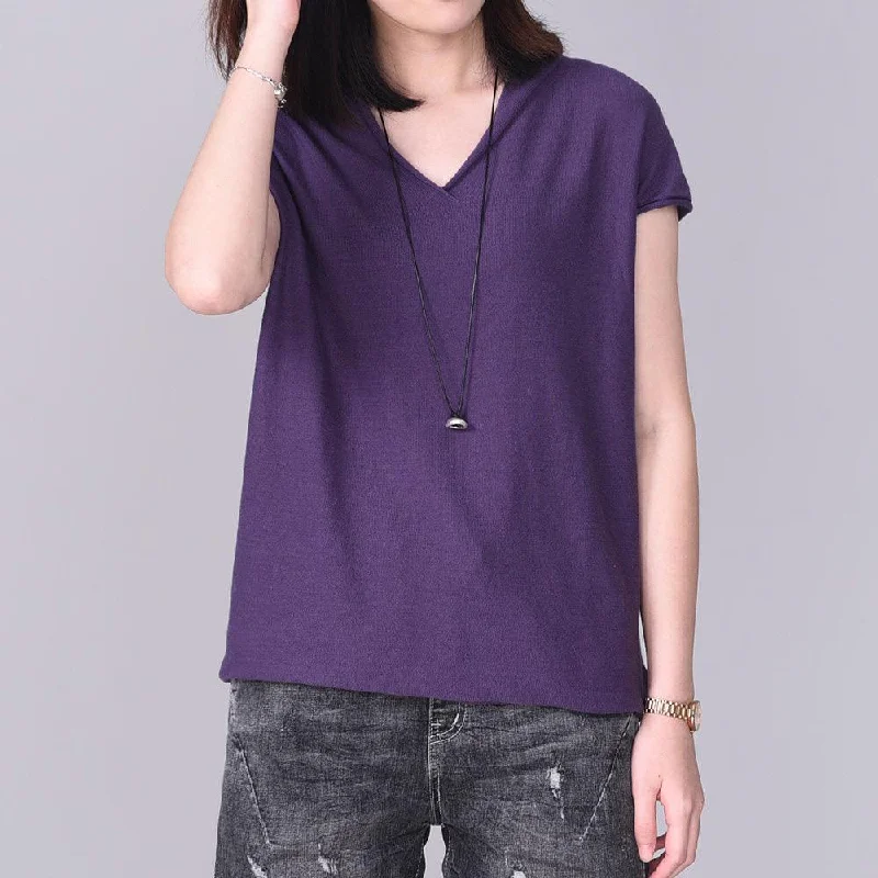 Elegant short sleeve cotton Blouse Fashion Ideas purple shirt v neck