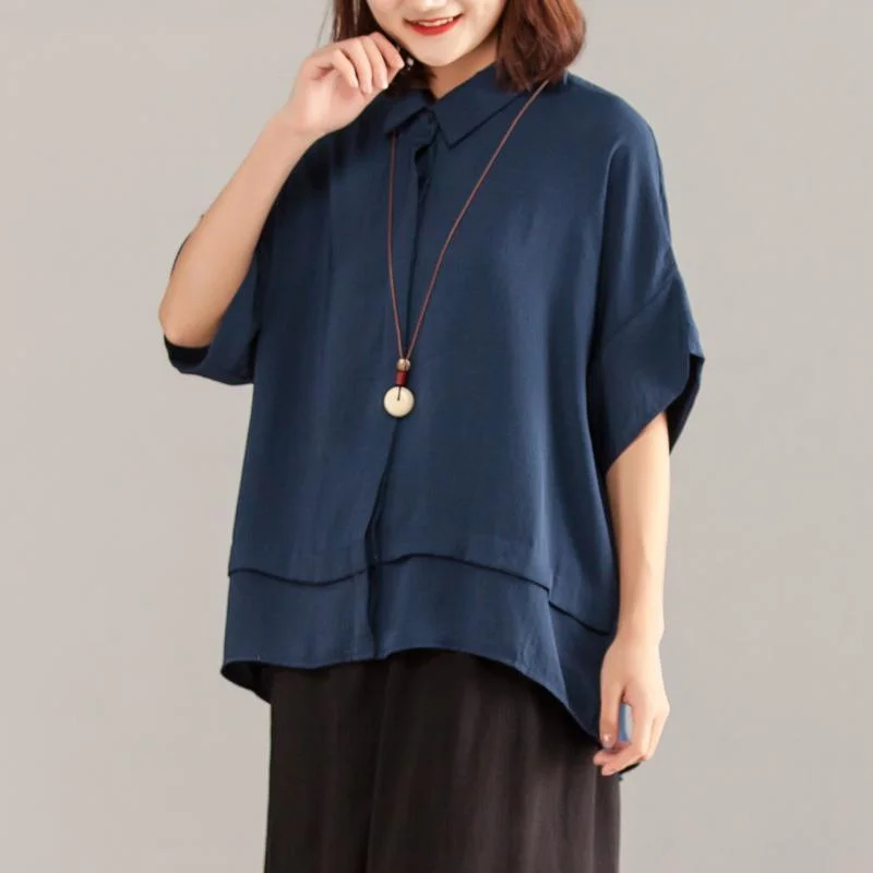 fashion pure chiffon blouse casual Women Navy Blue Chiffon Short Sleeve Shirt