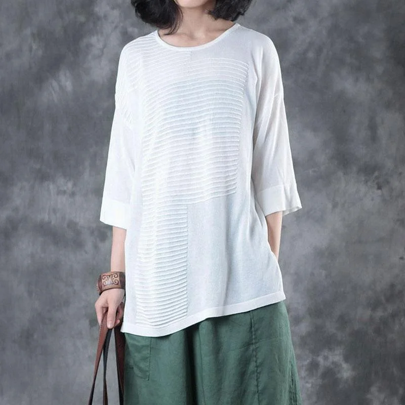 fashion summer linen blended t shirt casual Women Flax 12 Sleeve Stripe Plain White Tops