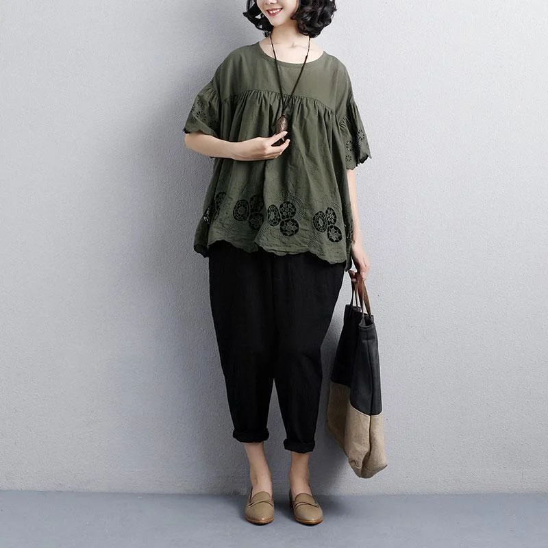 fashion summer t shirt plus size clothing Loose Round Neck Short Sleeve Cotton Army Green Tops