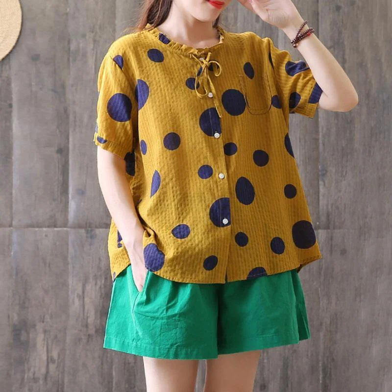 Fine natural linen t shirt oversized Summer Short Sleeve Dots High-low Hem Blouse