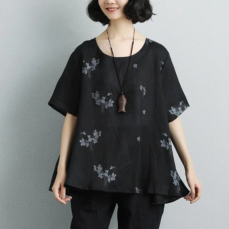 Fine natural linen t shirt trendy plus size Summer Short Sleeve Flower Casual Black Blouse