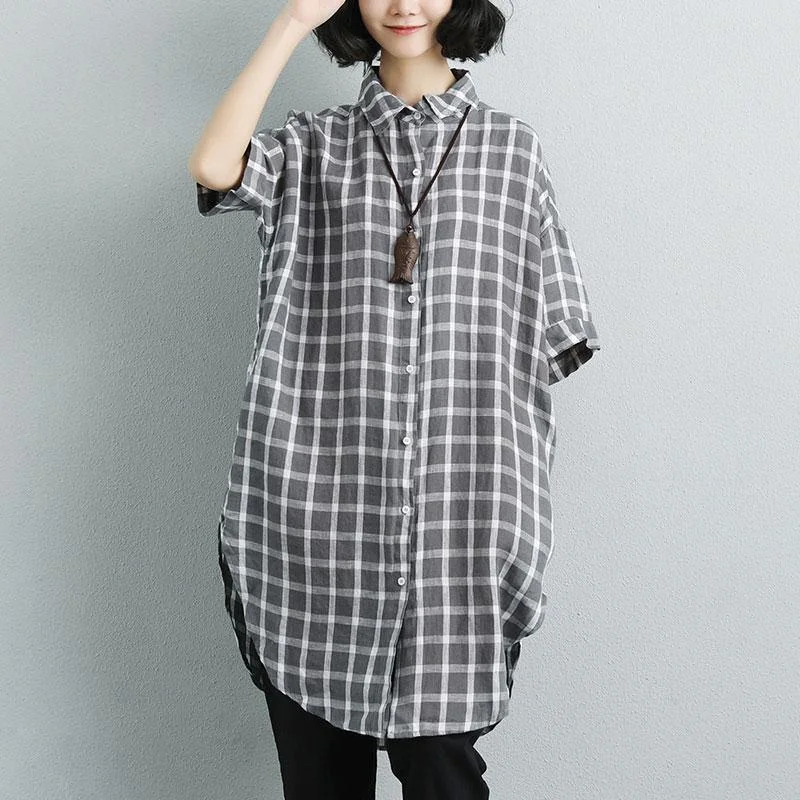 Fine pure linen tops oversized Summer Short Sleeve Plaid Pockets Casual Long Shirts