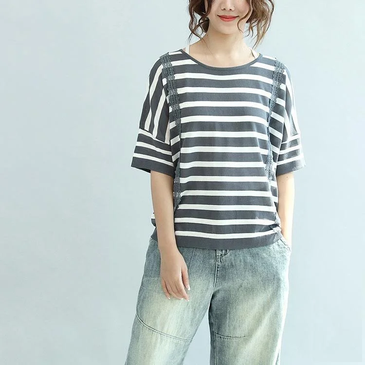 gray white striped casual cotton blouse plus size t shirt o neck tops