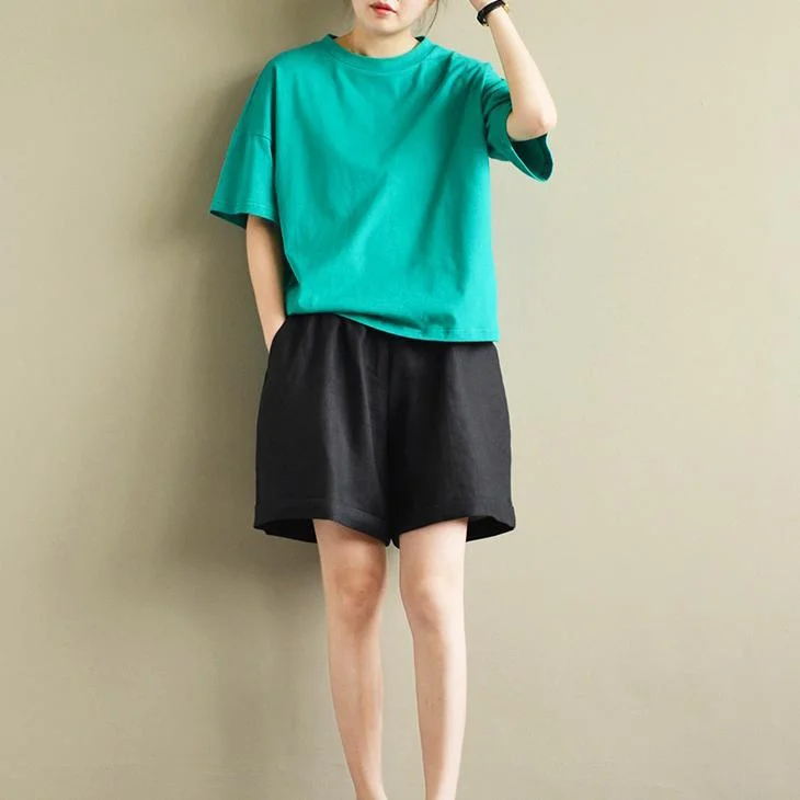 green loose women cotton blouse pullover o neck casual t shirt