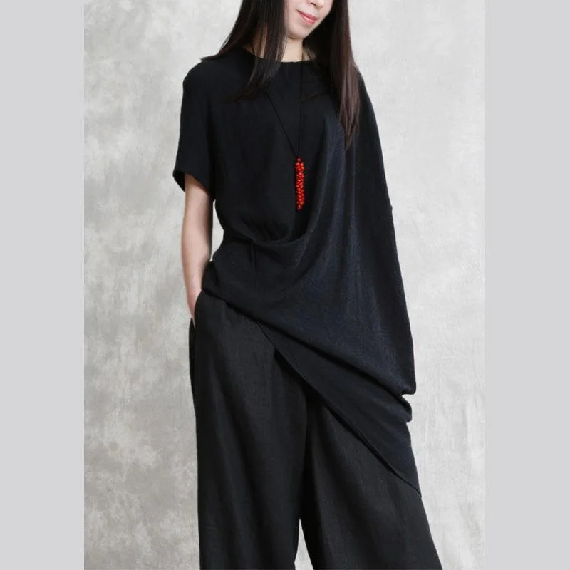 Handmade o neck asymmetric linen Blouse Inspiration black shirt summer