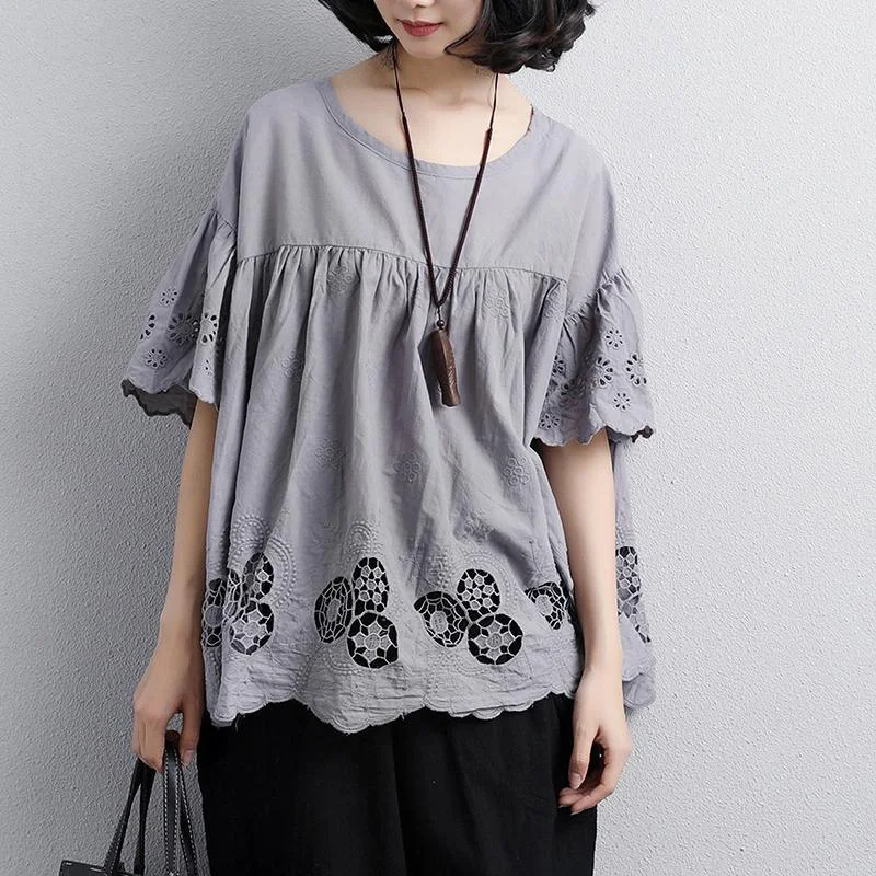 Loose Round Neck Short Sleeve Cotton Gray Blouse Tops