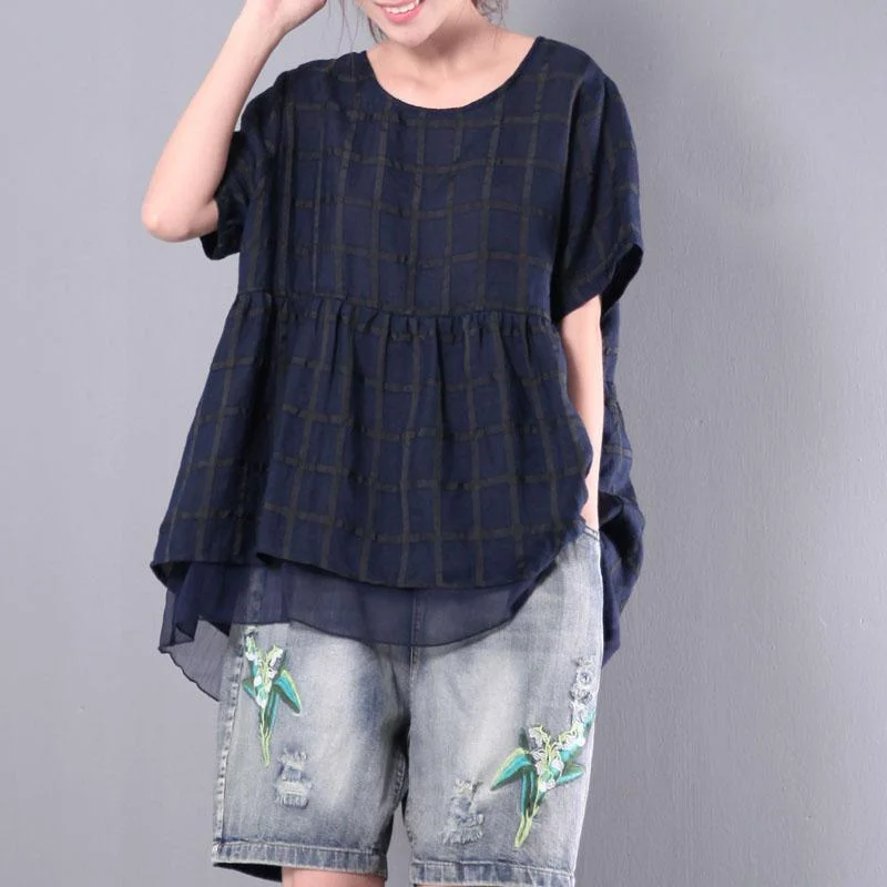 navy plaid casual linen pullover oversize tops patchwork chiffon t shirt