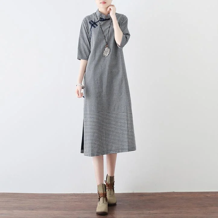 new 2018 blue white plaid linen dresses vintage Chinese Button half sleeve dress