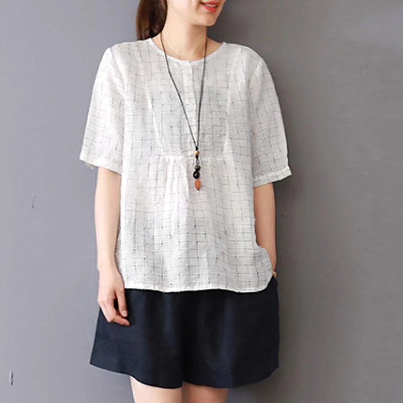 New linen blouse plus size Summer Round Neck Lattice Short Sleeve White Blouse