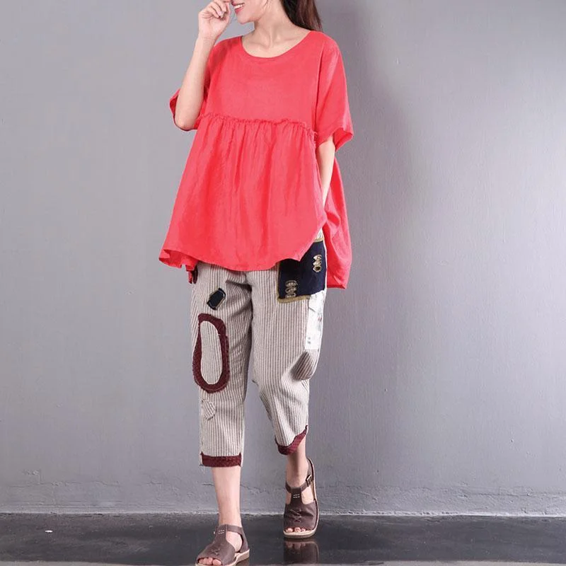 new red casual linen tops oversize patchwork pullover short sleeve wrinkled t shirt