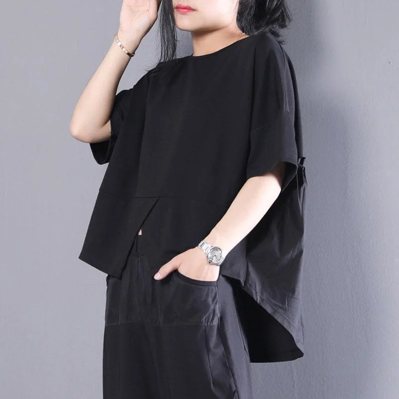 New summer t shirt plus size clothing Women Black Cotton Short Sleeve Pleated Loose Tops