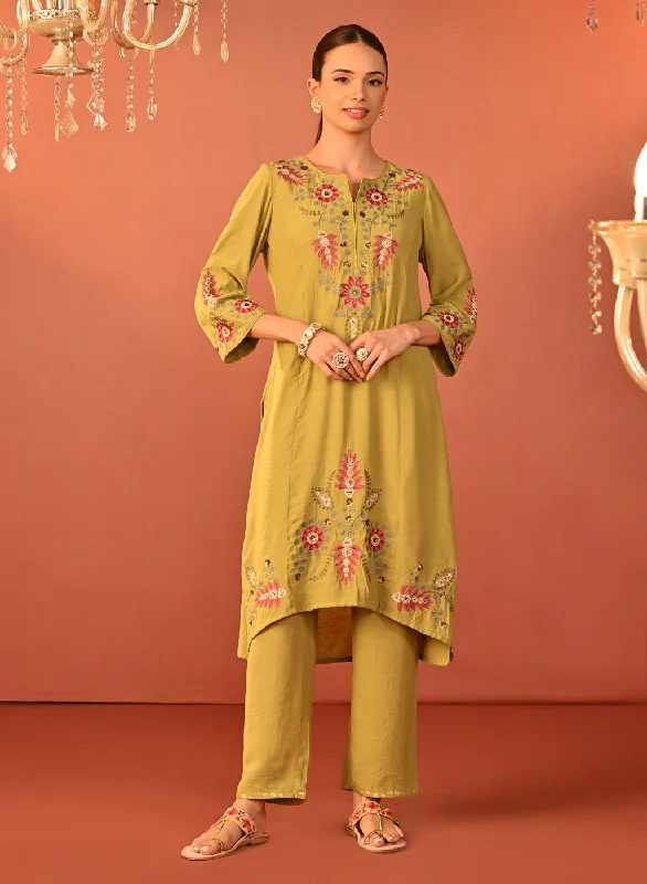 Noorain Pista Green Embroidered Cotton Linen Co-ord Set for Women