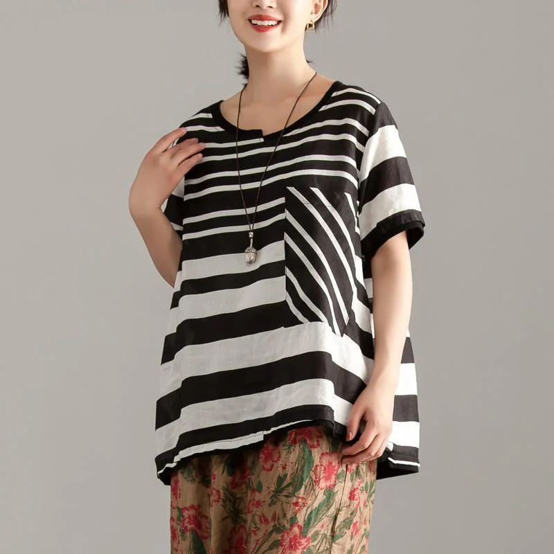 Omychic linen tops casual Black Stripe Short Sleeve Summer Casual Tops