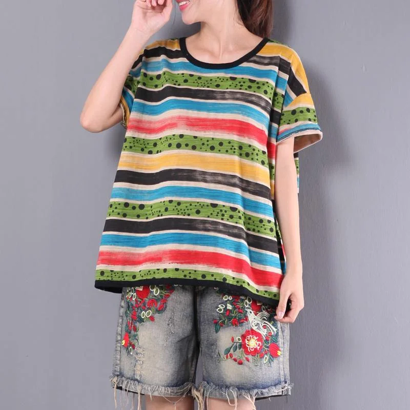 rainbow striped cotton tops baggy loose cute pullover short sleeve t shirt