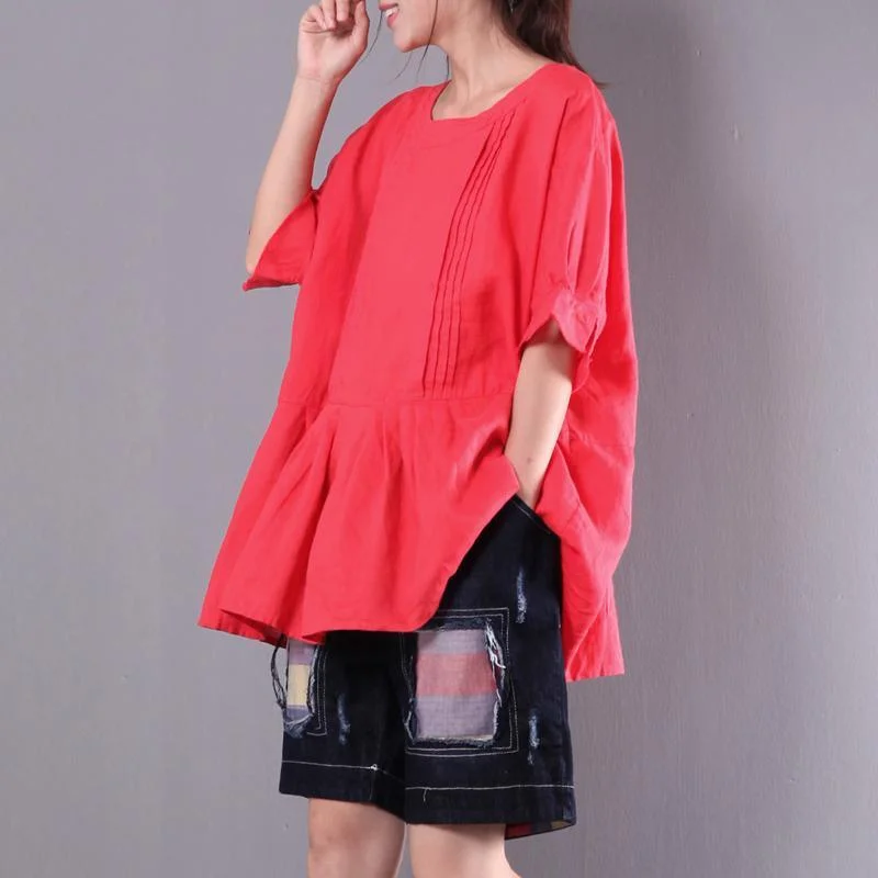 red casual linen tops ruffles oversize blouse short sleeve t shirt