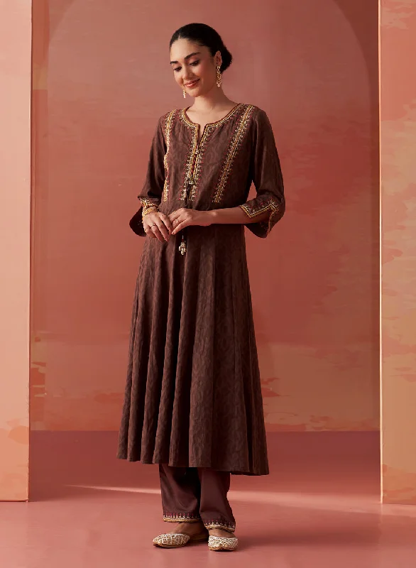 Shazia Coffee Brown Embroidered Cotton Kurta Set for Women